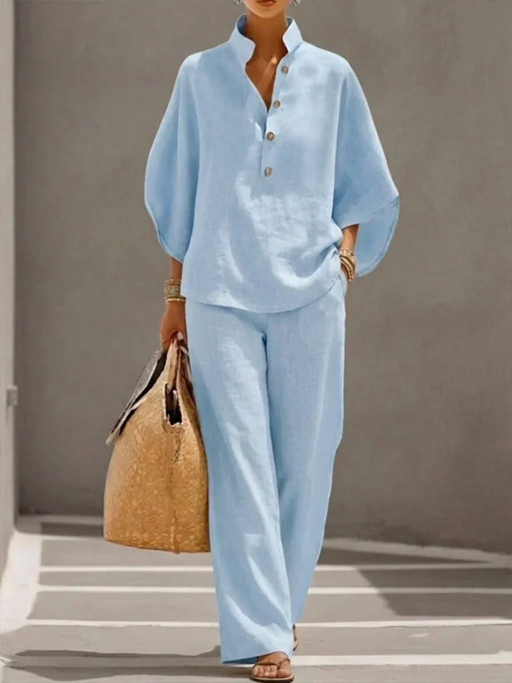 Maribel | Ensemble en lin avec manches chauve-souris et pantalon large